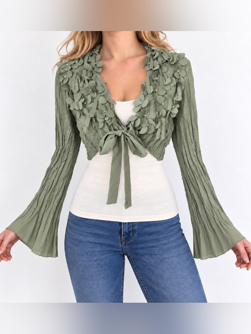 Antonino Philosophy Y2K Sage Green 3D Floral Long Bell Sleeve Bolero Fairy US M